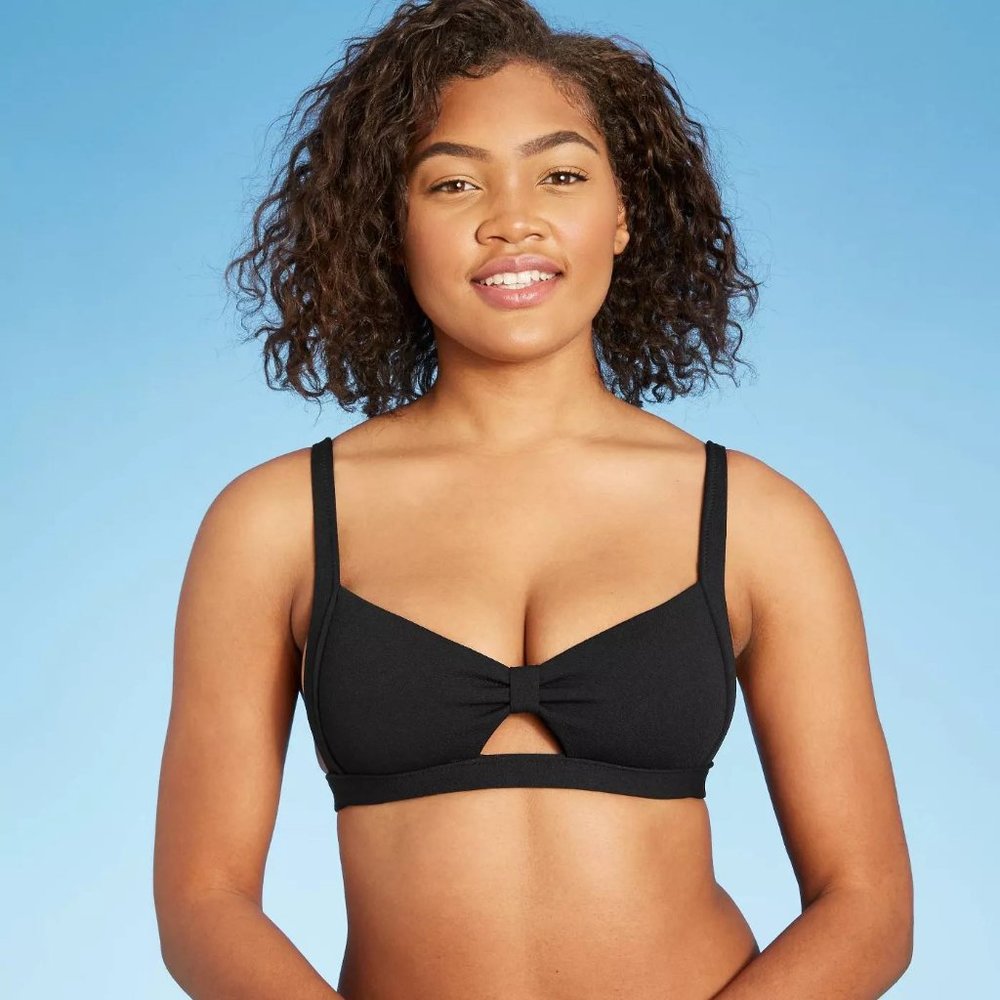 Knot-Front Crepe Textured Bralette Bikini Top L